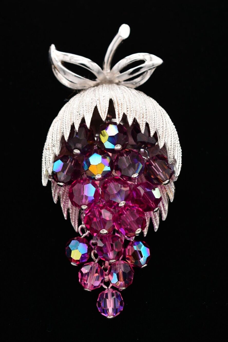 Vintage 3" Crystal Grapevine Pin Brooch Purple Dangle Cluster Sparkling BinAT